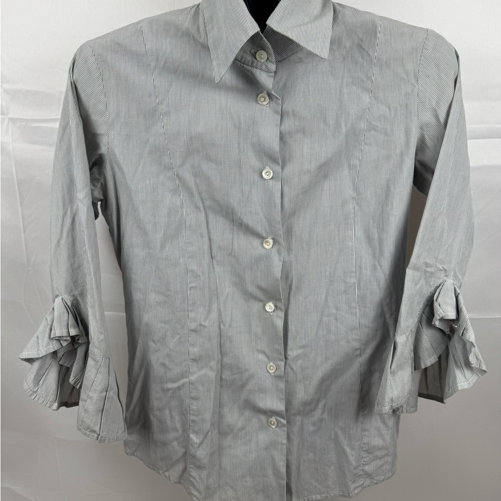 Vintage Bell Striped Ruffle Sleeve Blouse Women’s 4 Cotton Made USA Button Up